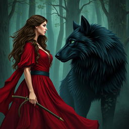 Create an image featuring a fierce huntress in a flowing red dress, gazing lovingly at a gigantic black wolf with green eyes