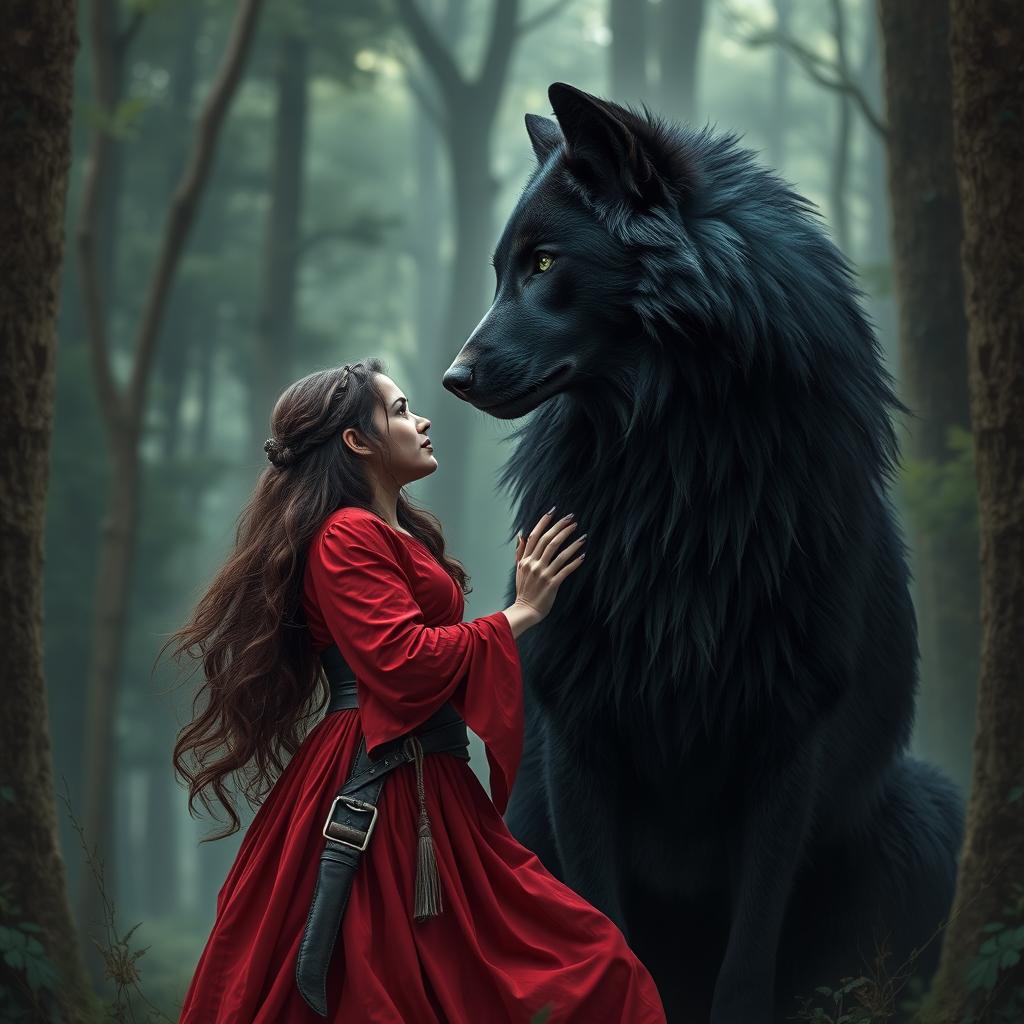 Create an image featuring a fierce huntress in a flowing red dress, gazing lovingly at a gigantic black wolf with green eyes