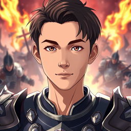 Transform the young adult man into an armored Dungeons and Dragons warrior in an anime style, set in a cinematic and epic battle scene