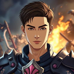 Transform the young adult man into an armored Dungeons and Dragons warrior in an anime style, set in a cinematic and epic battle scene