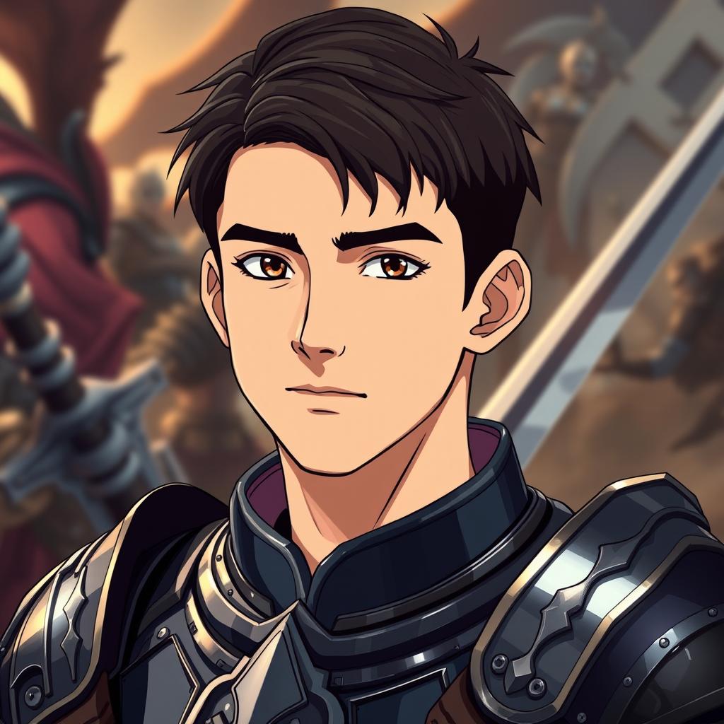 Transform the young adult man into an armored Dungeons and Dragons warrior in an anime style, set in a cinematic and epic battle scene