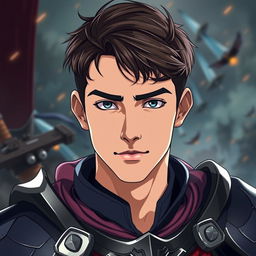 Transform the young adult man into an armored Dungeons and Dragons warrior in an anime style, set in a cinematic and epic battle scene