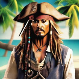 A charismatic and swashbuckling portrait of Captain Jack Sparrow from Pirates of the Caribbean