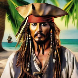 A charismatic and swashbuckling portrait of Captain Jack Sparrow from Pirates of the Caribbean