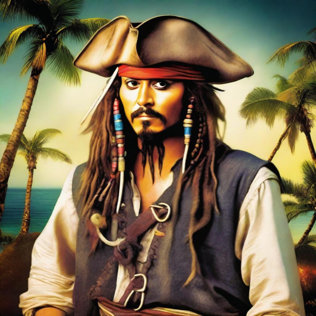 A charismatic and swashbuckling portrait of Captain Jack Sparrow from Pirates of the Caribbean