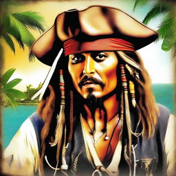 A charismatic and swashbuckling portrait of Captain Jack Sparrow from Pirates of the Caribbean