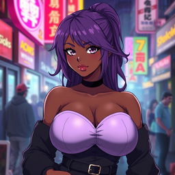 A black anime girl with purple hair, a voluptuous figure featuring large breasts and a curvy body