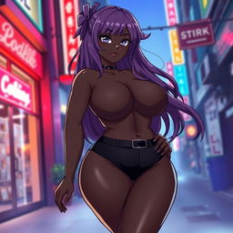 A black anime girl with purple hair, a voluptuous figure featuring large breasts and a curvy body