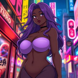 A black anime girl with purple hair, a voluptuous figure featuring large breasts and a curvy body