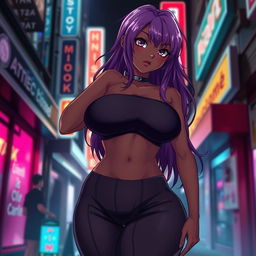 A black anime girl with purple hair, a voluptuous figure featuring large breasts and a curvy body