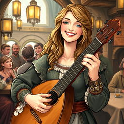 A detailed illustration of a bard woman playing a lute