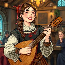 A detailed illustration of a bard woman playing a lute