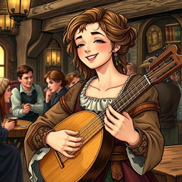 A detailed illustration of a bard woman playing a lute