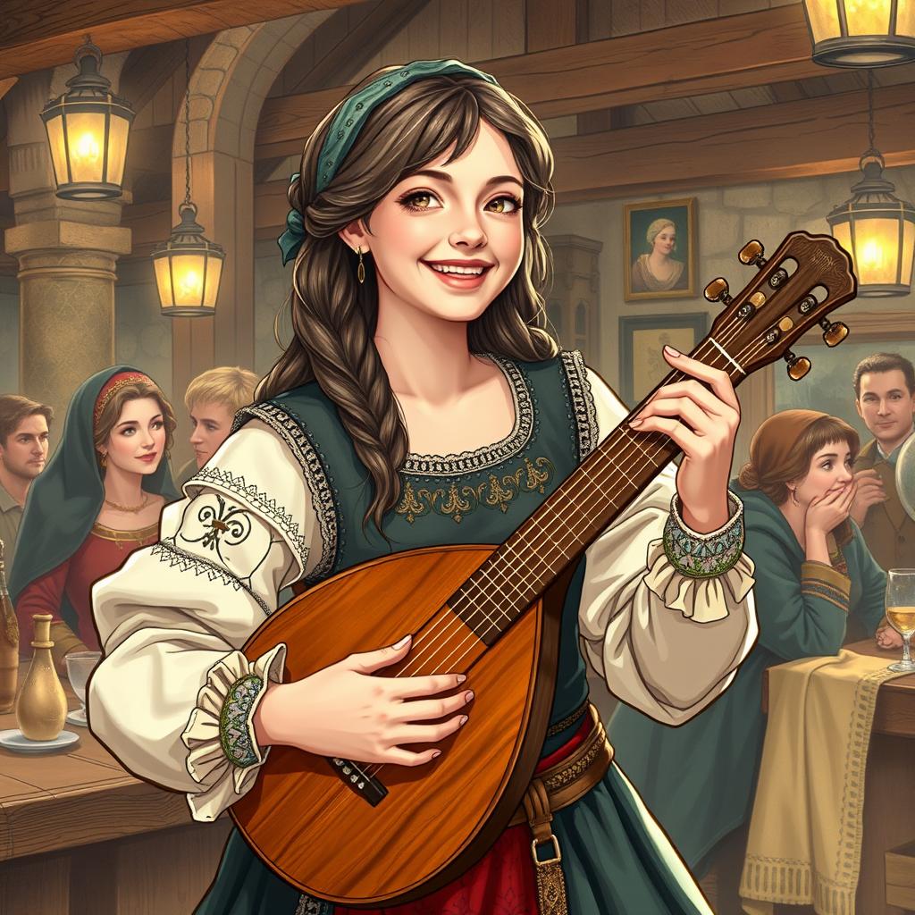 A detailed illustration of a bard woman playing a lute