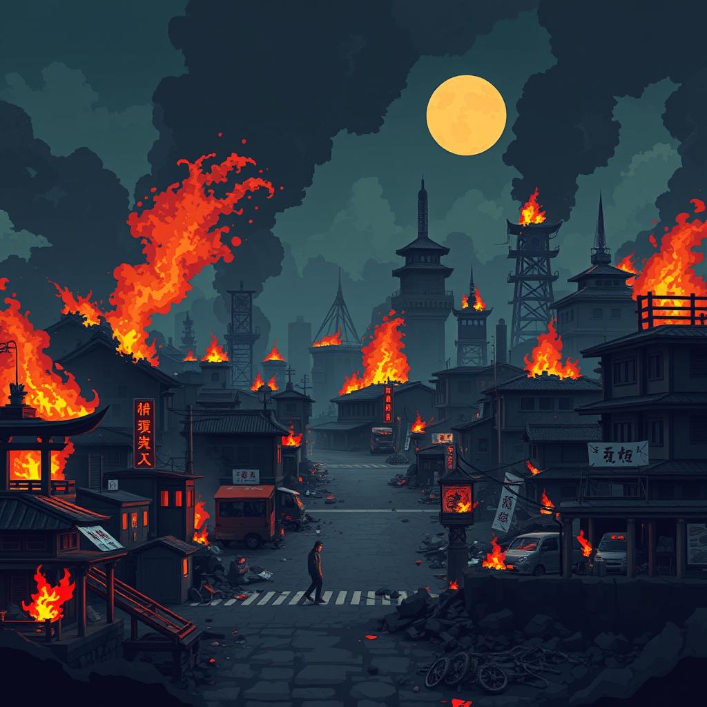 Create a pixel art wallpaper of a post-apocalyptic Japan in flames, designed in the style of a platformer or beat 'em up game with a side-scrolling perspective