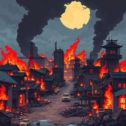 Create a pixel art wallpaper of a post-apocalyptic Japan in flames, designed in the style of a platformer or beat 'em up game with a side-scrolling perspective