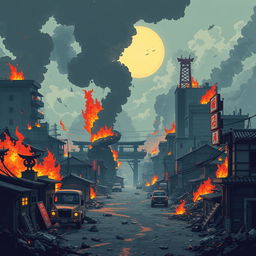 Create a pixel art wallpaper of a post-apocalyptic Japan in flames, designed in the style of a platformer or beat 'em up game with a side-scrolling perspective