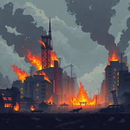 Create a pixel art wallpaper of a post-apocalyptic Japan in flames, designed in the style of a platformer or beat 'em up game with a side-scrolling perspective