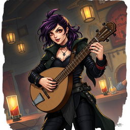 A dynamic illustration of a bard woman inspired by Dungeons & Dragons 5th Edition, with a 'bad girl' persona