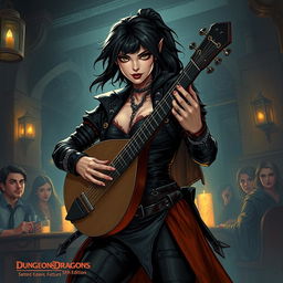 A dynamic illustration of a bard woman inspired by Dungeons & Dragons 5th Edition, with a 'bad girl' persona