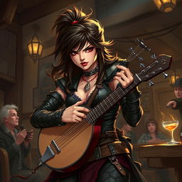 A dynamic illustration of a bard woman inspired by Dungeons & Dragons 5th Edition, with a 'bad girl' persona