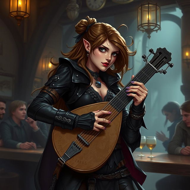 A dynamic illustration of a bard woman inspired by Dungeons & Dragons 5th Edition, with a 'bad girl' persona