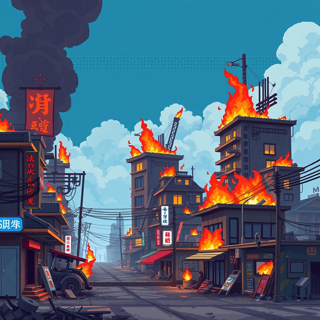 Create a set of pixel art buildings for a post-apocalyptic Japan in flames, designed in the style of a platformer or beat 'em up game