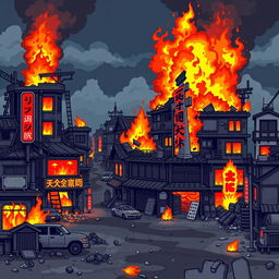 Create a set of pixel art buildings for a post-apocalyptic Japan in flames, designed in the style of a platformer or beat 'em up game