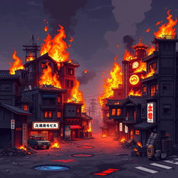 Create a set of pixel art buildings for a post-apocalyptic Japan in flames, designed in the style of a platformer or beat 'em up game