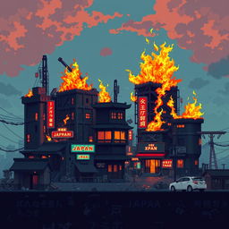 Create a set of pixel art buildings for a post-apocalyptic Japan in flames, designed in the style of a platformer or beat 'em up game