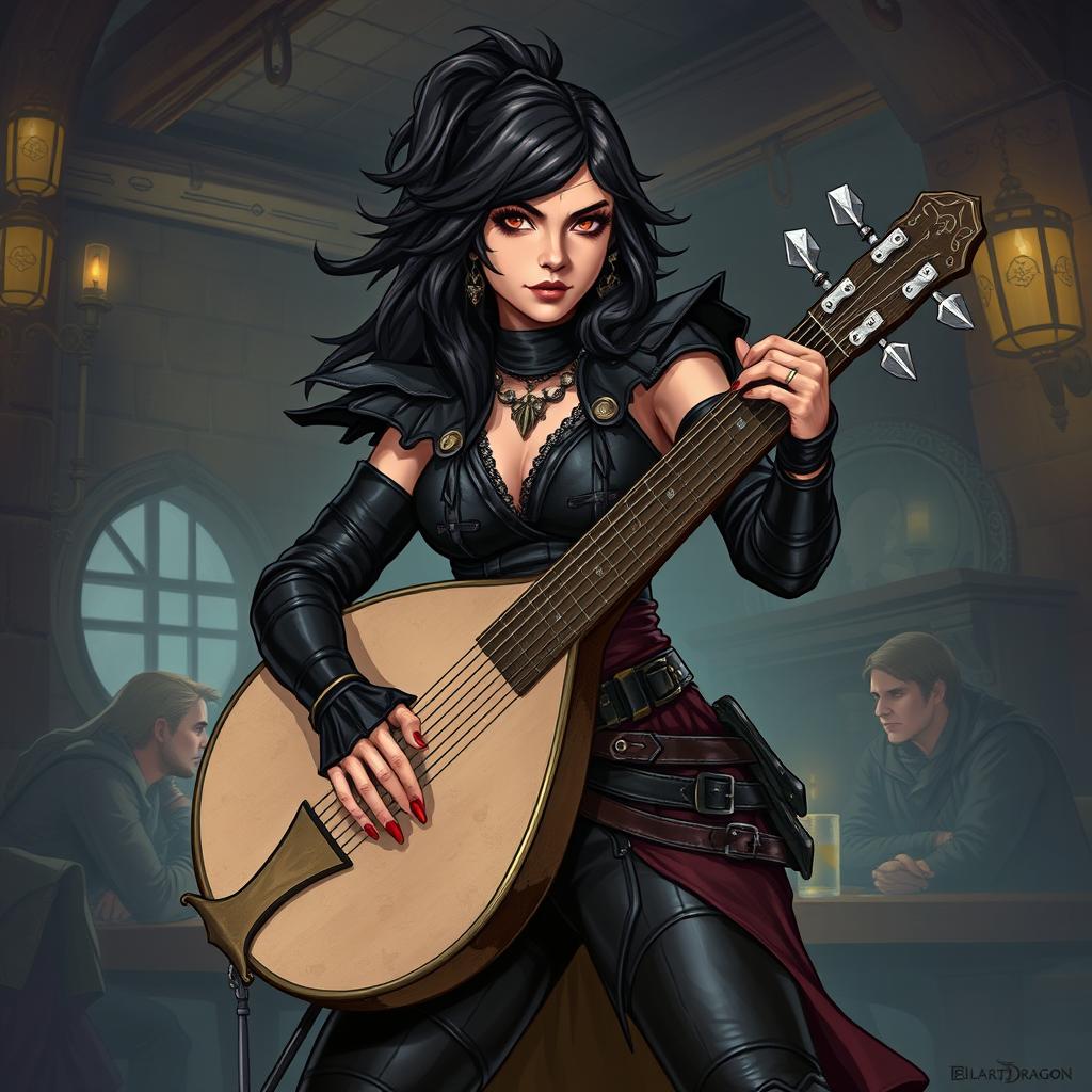 A dynamic illustration of a bard woman inspired by Dungeons & Dragons 5th Edition, with a 'bad girl' persona