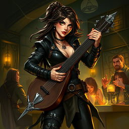 A dynamic illustration of a bard woman inspired by Dungeons & Dragons 5th Edition, with a 'bad girl' persona