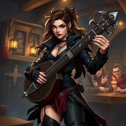 A dynamic illustration of a bard woman inspired by Dungeons & Dragons 5th Edition, with a 'bad girl' persona