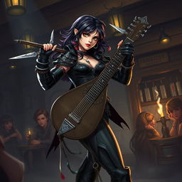 A dynamic illustration of a bard woman inspired by Dungeons & Dragons 5th Edition, with a 'bad girl' persona