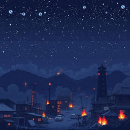 Create a pixel art night sky filled with stars for a post-apocalyptic Japan in flames, designed in the style of a platformer or beat 'em up game