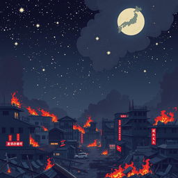 Create a pixel art night sky filled with stars for a post-apocalyptic Japan in flames, designed in the style of a platformer or beat 'em up game