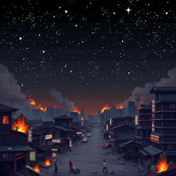 Create a pixel art night sky filled with stars for a post-apocalyptic Japan in flames, designed in the style of a platformer or beat 'em up game