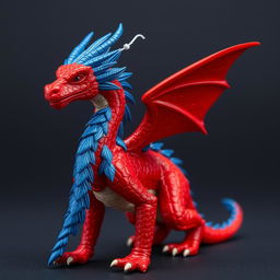 A red dragon with blue features on its back and blue and white feathers along its spine, with a white thread on its head