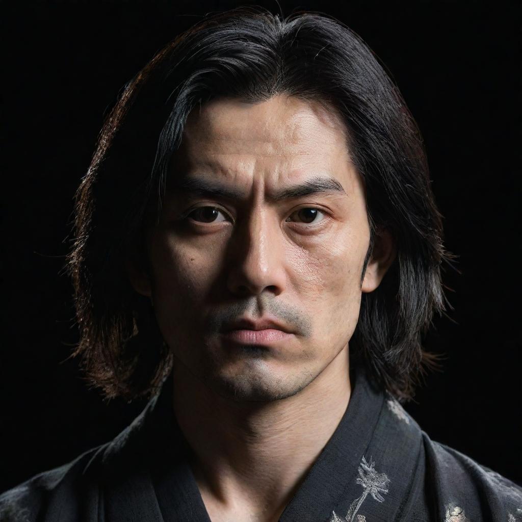 A detailed, intricate portrait of a man with a cold, expressionless face, black, shoulder-length hair, resembling a Samurai styled in anime, bathed in light that highlights his beauty against a black background.