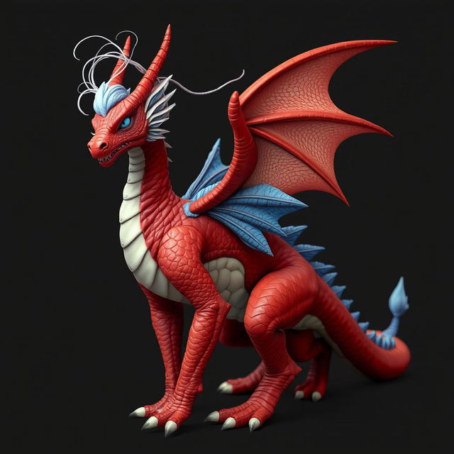 A red humanoid dragon with blue features on its back and blue and white feathers along its spine, with a white thread on its head