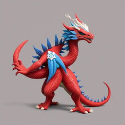 A red humanoid dragon with blue features on its back and blue and white feathers along its spine, with a white thread on its head