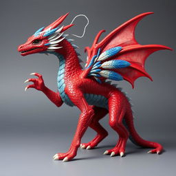 A red humanoid dragon with blue features on its back and blue and white feathers along its spine, with a white thread on its head