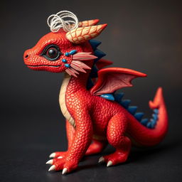 A young red humanoid dragon with blue features on its back and blue and white feathers along its spine, with a white thread on its head