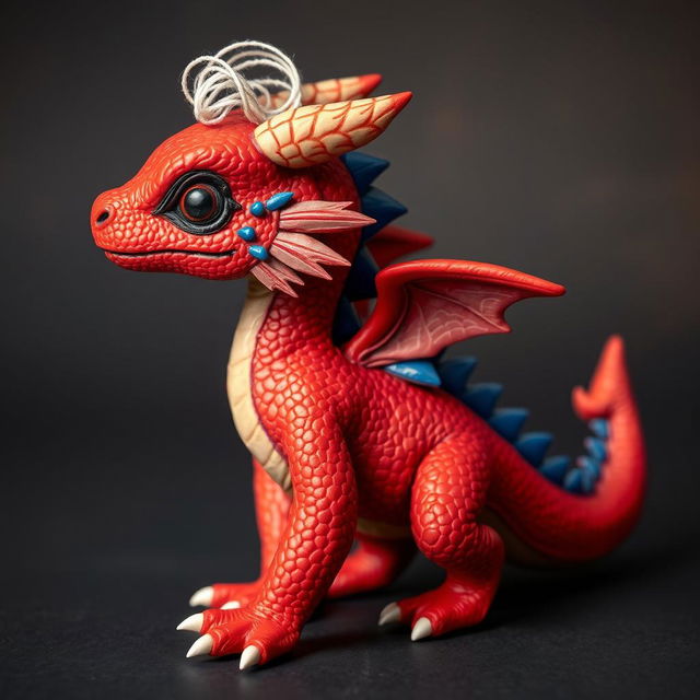 A young red humanoid dragon with blue features on its back and blue and white feathers along its spine, with a white thread on its head