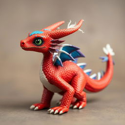 A young red humanoid dragon with blue features on its back and blue and white feathers along its spine, with a white thread on its head