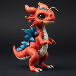 A young red humanoid dragon with blue features on its back and blue and white feathers along its spine, with a white thread on its head