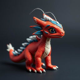 A young red humanoid dragon with blue features on its back and blue and white feathers along its spine, with a white thread on its head