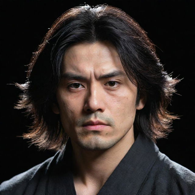 A detailed, intricate portrait of a man with a cold, expressionless face, black, shoulder-length hair, resembling a Samurai styled in anime, bathed in light that highlights his beauty against a black background.