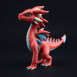 A young red humanoid dragon with blue features on its back and blue and white feathers along its spine, with a white thread on its head