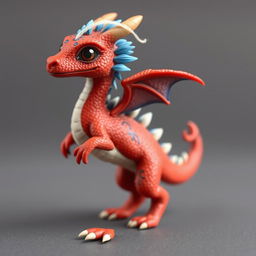 A young red humanoid dragon with blue features on its back and blue and white feathers along its spine, with a white thread on its head